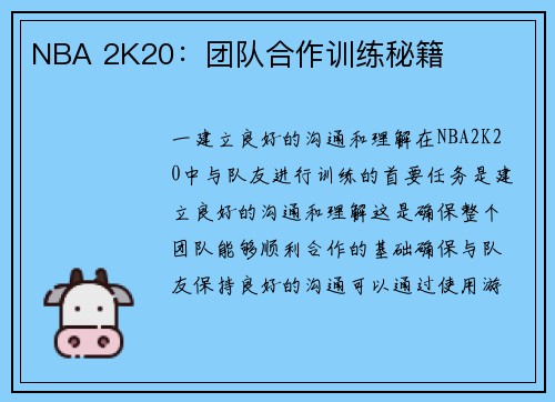 NBA 2K20：团队合作训练秘籍