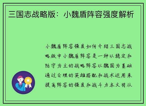 三国志战略版：小魏盾阵容强度解析